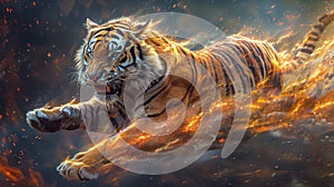 Fierce Tiger Pouncing Forward Enveloped In Flames, Exemplifying Predatory Power And Fiery Ferocity photo