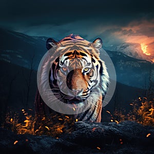 Fierce Tiger Roaring in a Fiery Apocalyptic Cityscape