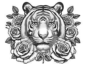 Fierce Tiger with Roses tattoo raster illustration photo