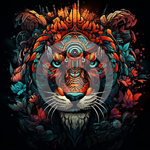 fierce tiger totem, intricately designed in Aztec Greeble tribal form, stalking through a dense jungle by AI generated