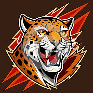 A fierce tigers head against a vibrant red and orange backdrop, Jaguar Logo Mascot, Striking Vector Illustration