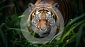 Fierce tigress in the jungle closeup