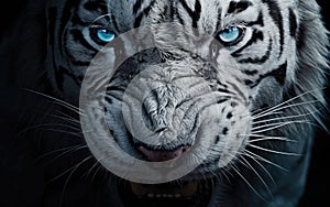 Fierce white tiger\'s face baring its fangs on a black background. Jungle predator, tropical forest