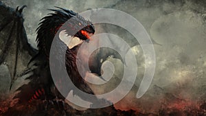 Fierce winged black dragon fantasy illustration photo