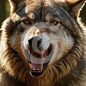 Fierce wolf snarling with bared teeth in forest setting