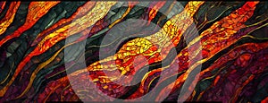 Fiery Abstract Ribbons Dance in a Crackle Texture Embrace. Sinuous forms interlace in a vibrant display of fiery hues photo