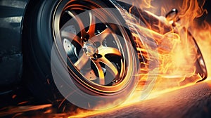 Fiery Acceleration: Rear Wheel of Sports Car Emitting Flames on Start. Generative ai