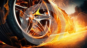 Fiery Acceleration: Rear Wheel of Sports Car Emitting Flames on Start. Generative ai