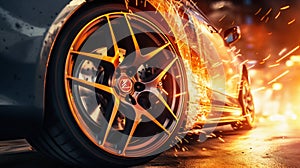 Fiery Acceleration: Rear Wheel of Sports Car Emitting Flames on Start. Generative ai