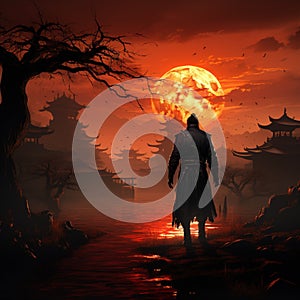 Fiery backdrop, samurais stance at sunset captures strength and indomitable spirit