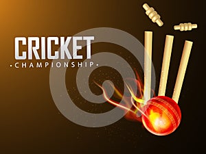 Fiery ball hit the wicket stumps on glossy brown background.