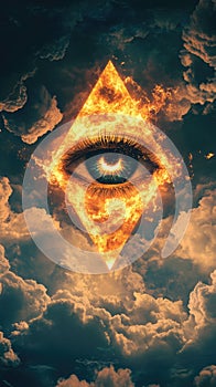 Fiery burning Eye of Providence in sky among clouds. All-seeing God's eye on fire. Symbol of Illuminati and photo