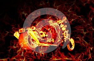 Fiery burning motorbike with flames around it, over a dark background