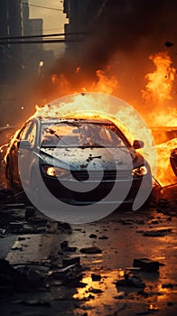 Fiery car accident aftermath, showcasing the dangers of road collisions