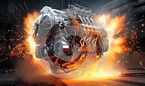 A Fiery Car Engine Igniting with Intense Flames