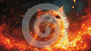 Fiery cat in a blaze - generative ai