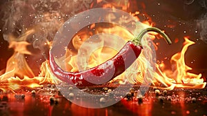 Fiery Chili Pepper on a Flaming Background