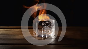 Fiery Chill: A Captivating Photo of a Burning Ice Cube on a Wooden Table