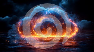 Fiery cloud computing data, dark night sky, reflection