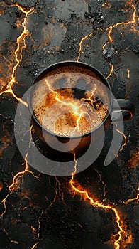 Fiery coffee cup on cracked lava-like surface photo