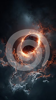 Fiery Cosmic Planet Amidst Dark Clouds