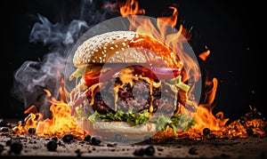 A Fiery Delight: Grilled Burger Engulfed in Flames Illuminated Against Ebon Background photo