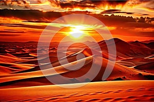 Fiery desert sunset over dunes