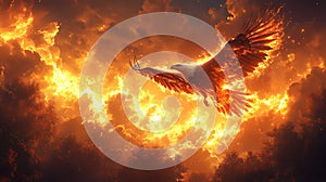 Fiery eagle soaring through a blazing sky