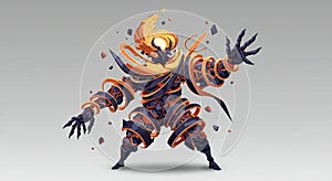 Fiery Elemental Creature with Swirling Energy and Debris on a Grey Background