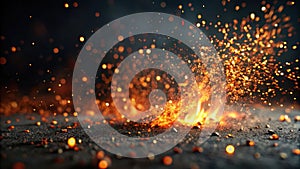 Fiery embers and glowing sparks exploding on dark surface. Generative AI