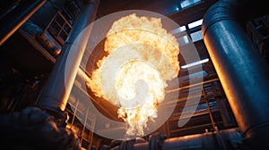 Fiery explosion erupts within an industrial setting, creating a dramatic scene.