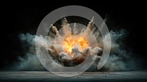 Fiery explosion with smoke on black background.