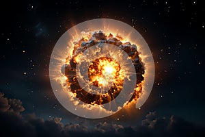 A fiery explosion in space, radiating intense light and heat against a dark background