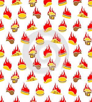 Fiery fast food Pattern seamless. Hot fast food texturel. Fiery food. Street food concept with pepper.Burrito and burger. Fried