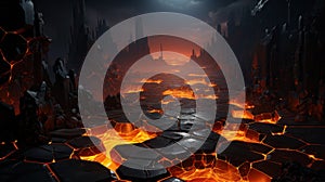 Fiery Flow: Isometric Hexagons Floating on Lava