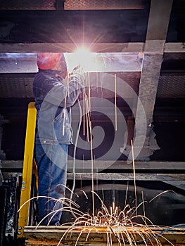 Fiery fountain of sparkling metal during welding