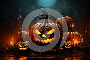 Fiery fright night Halloween pumpkins with scary faces, vector illustration