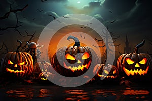 Fiery fright night Halloween pumpkins with scary faces, vector illustration