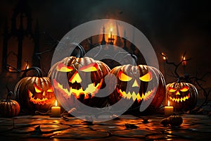 Fiery fright night Halloween pumpkins with scary faces, vector illustration