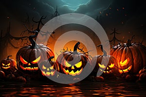 Fiery fright night Halloween pumpkins with scary faces, vector illustration