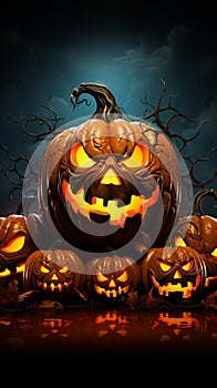 Fiery fright night Halloween pumpkins with scary faces, vector illustration