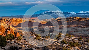 Fiery Furnace and La Sal Mountains at Sunset