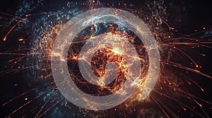 Fiery global network exploding; space background; digital art