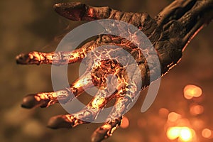 Fiery Glowing Lava Effects on a Human Hand Against Dark Background, Abstract Concept of Heat and Creativity