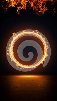 Fiery glowing ring of fire with flames on a dark background and reflection