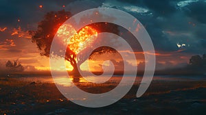 Fiery Heart Tree Sunset Landscape, Romantic Fantasy Art
