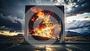 Fiery Landscape Reflected in a Metal Frame, Dramatic Sunset