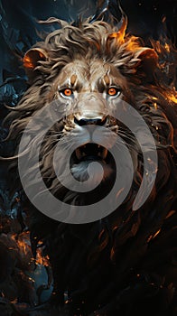Fiery lion in dark colors on a black background.