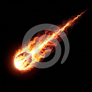 Fiery meteor fireball isolated on dark background dramatic burning comet effect