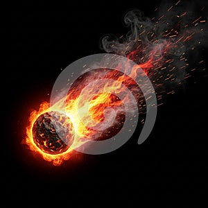 Fiery meteor fireball isolated on dark background dramatic burning comet effect